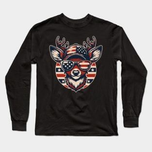 Deer Wearing Sunglass American Flag USA Long Sleeve T-Shirt